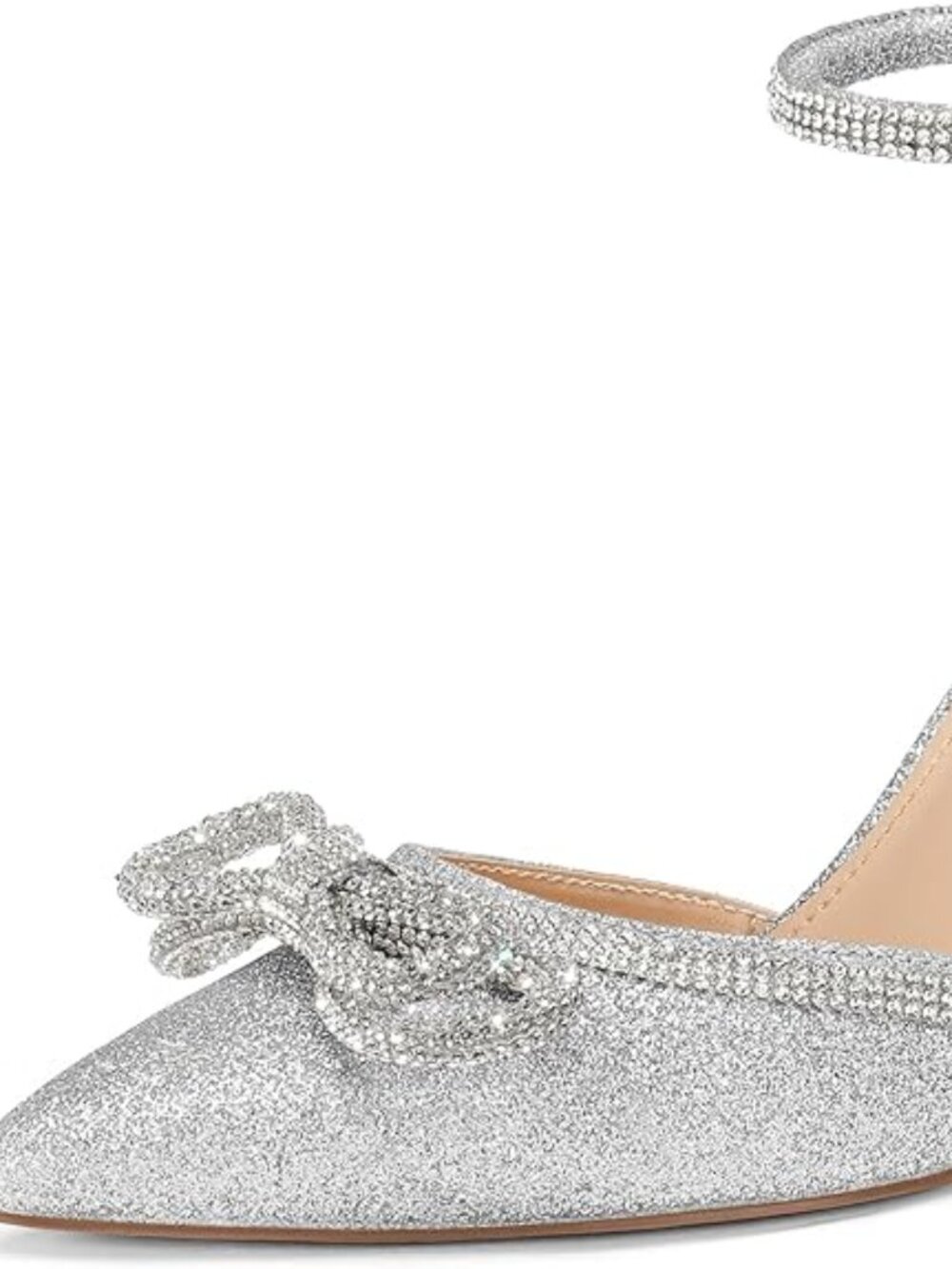 Women's Rhinestone Bow Pumps Wedding Dress Shoes Pointed Toe Ankle Strap Kitten